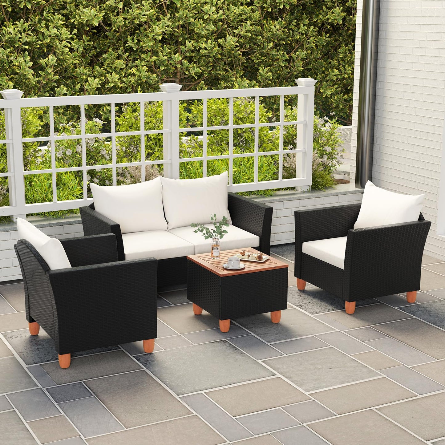 Tangkula Outdoor Conversation Set, Patio Cushioned Chairs w/Storage Coffee Table - HW72334WH+