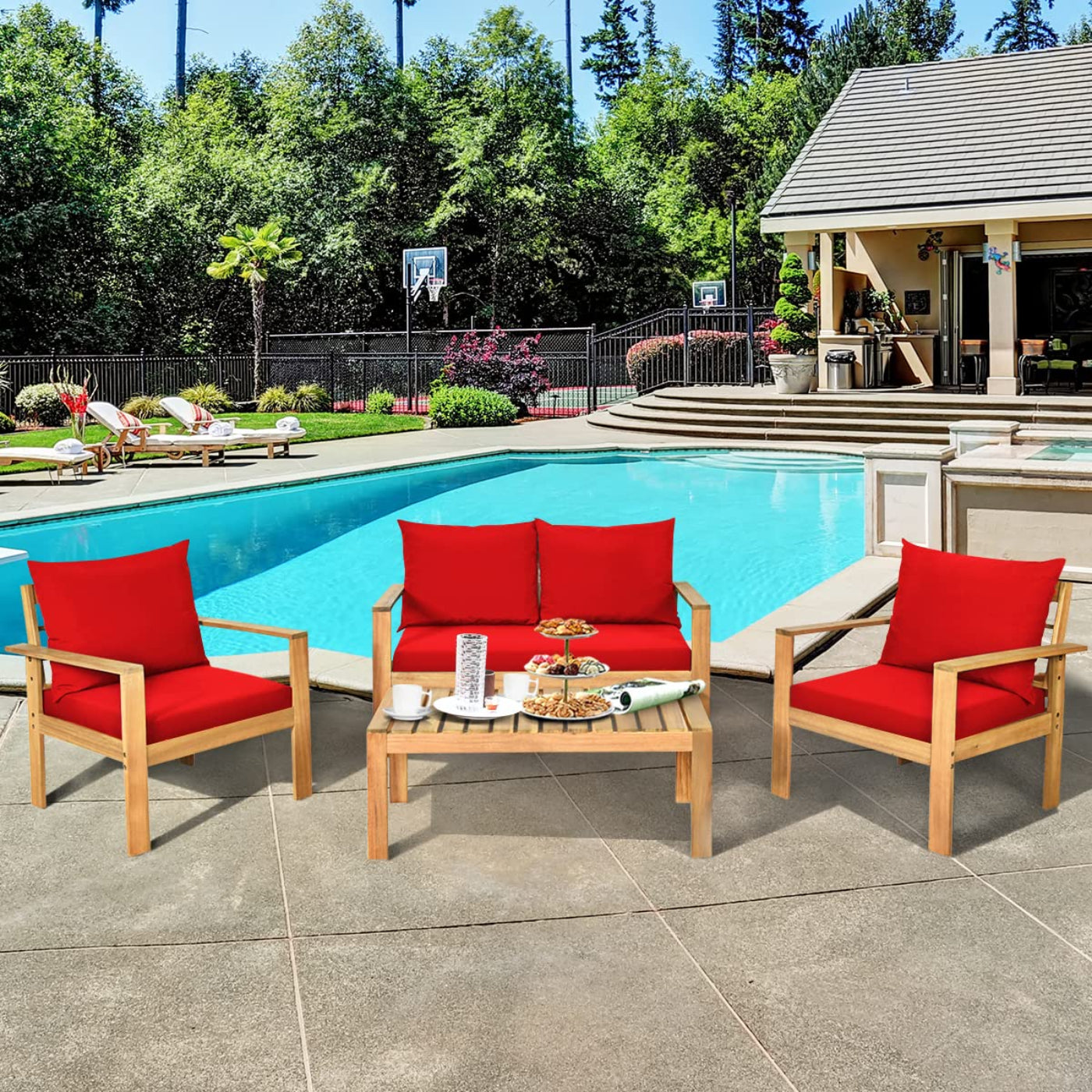 Tangkula Outdoor 4-Piece Acacia Wood Chat Set - HW64146WH-C+HW64146TU+