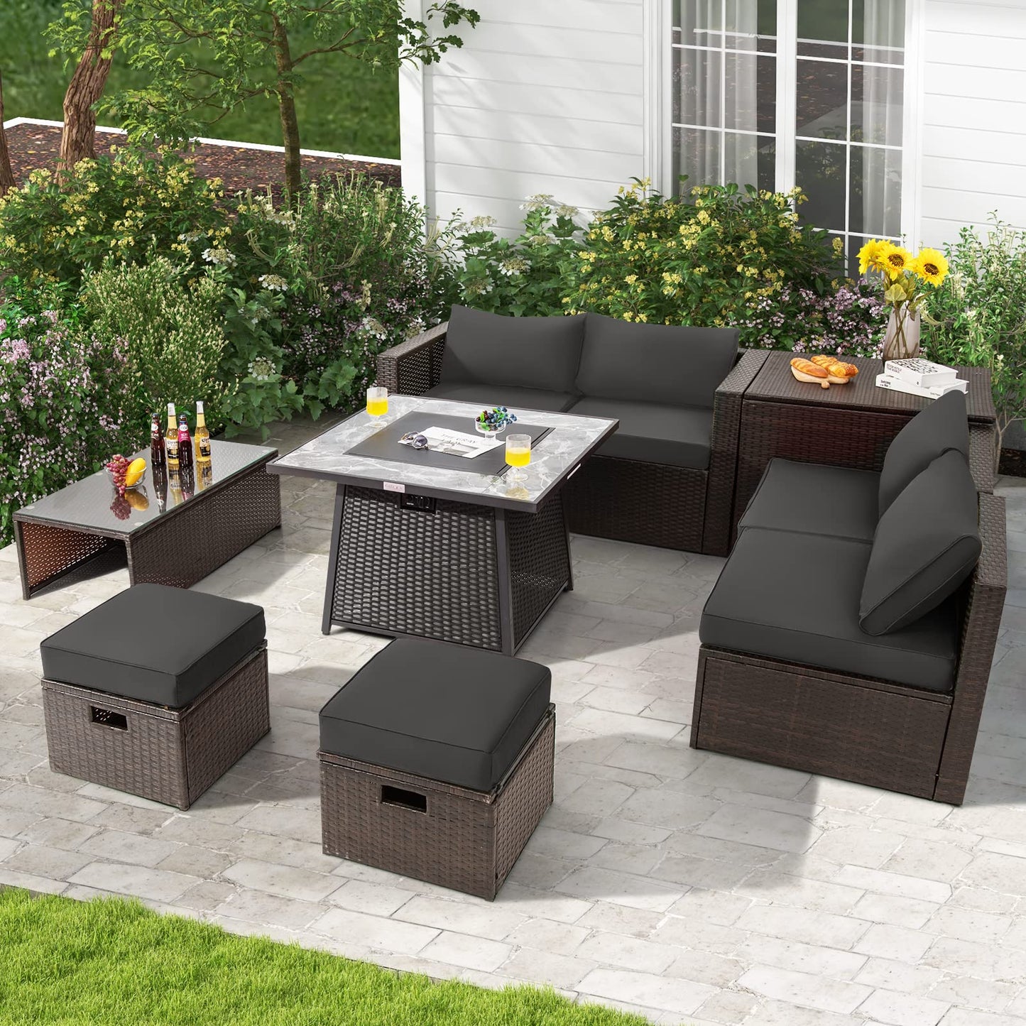 Tangkula 9 Pieces Outdoor Patio Furniture Set with 35-Inch Propane Fire Pit Table - NP10262DK+HW68592DK+
