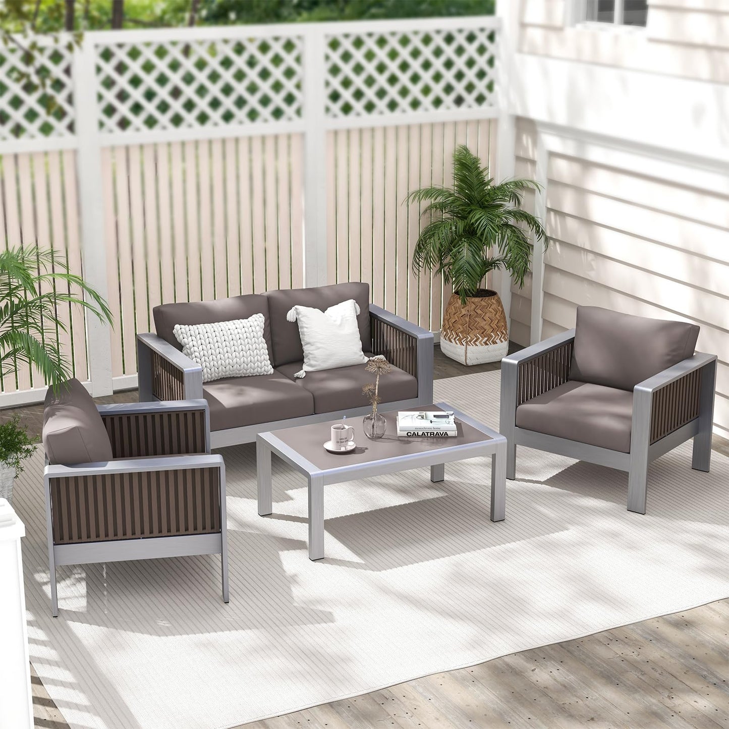 Tangkula Patio Aluminum Loveseat Sofa, Outdoor Furniture Set with Thick Back & Seat Cushions (Gray) - NP11417GR