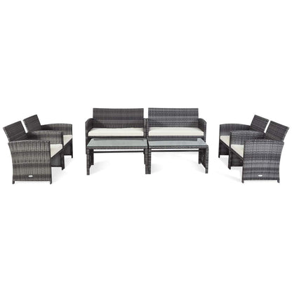 Tangkula 4/8 PCS Wicker Patio Conversation Set, Outdoor Rattan Sofas with Table Set - HW63238WH