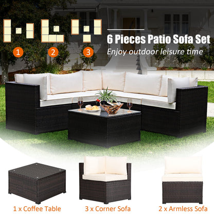 Tangkula 6 Pieces Patio Furniture Set, Outdoor Rattan Sofa Set, Wicker Conversation Set - HW68449WH+