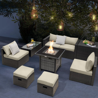 Tangkula 9 Pieces Patio Furniture Set with 50,000 BTU Propane Fire Pit Table - NP10618GR+HW68592DK+