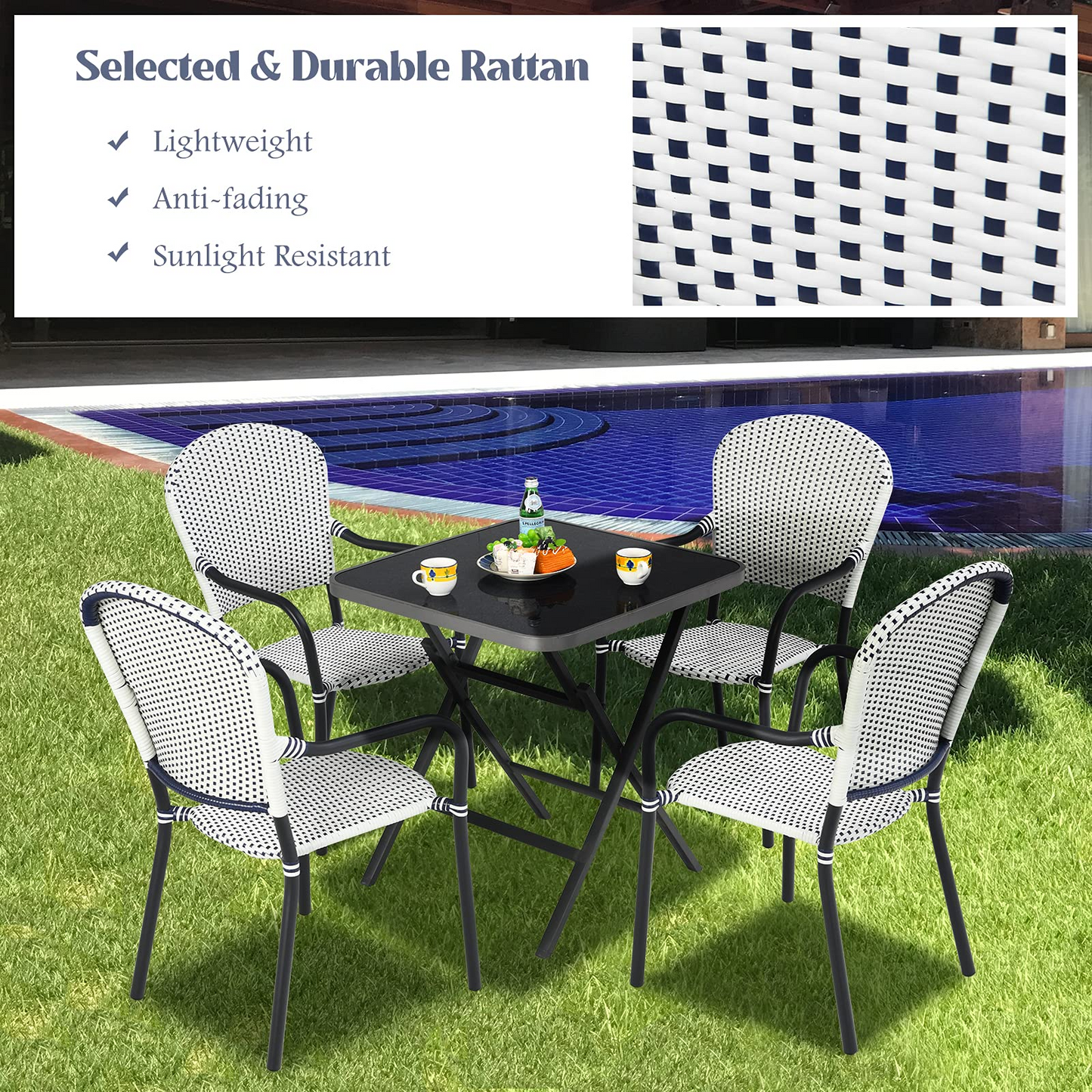 Tangkula 5-Piece Rattan Patio Dining Set, No Assembly Needs, Square Folding Table & 4 Stackable Chairs Set - NP10107+NP10073WL