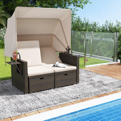 Tangkula Outdoor Patio Rattan Daybed w/Retractable Canopy & Adjustable Backrests - HW72573BN+