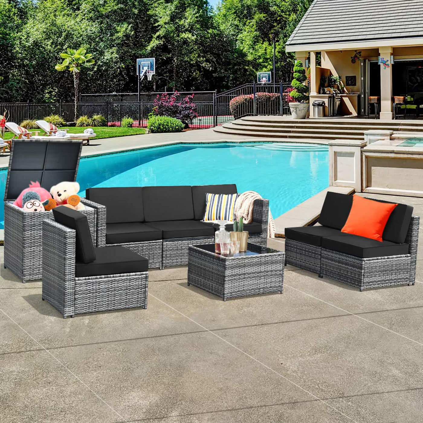 Tangkula 8 PCS Outdoor Patio Furniture Set, Rattan Wicker Sofa Set - HW65782BK+
