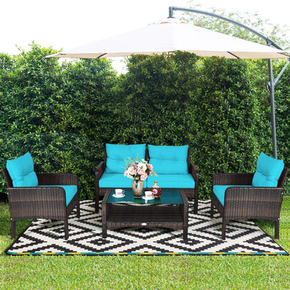 Tangkula 4 Piece Patio Furniture Set, Outdoor Wicker Conversation Set with Glass Top Coffee Table - HW68637BTU+