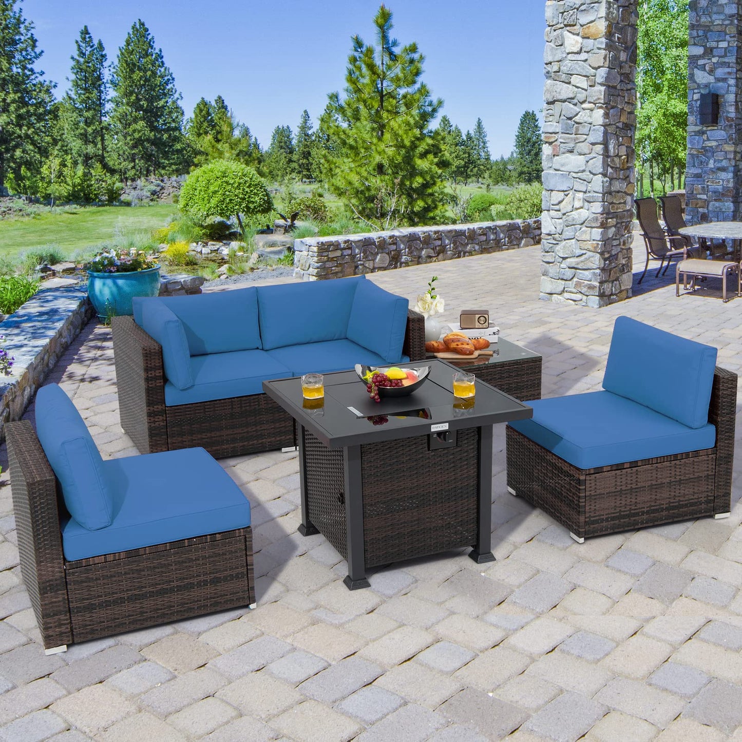 Tangkula 6 Piece Patio Wicker Conversation Set, Outdoor Rattan Sofa Set - NP10618CF+HW68691BDK+