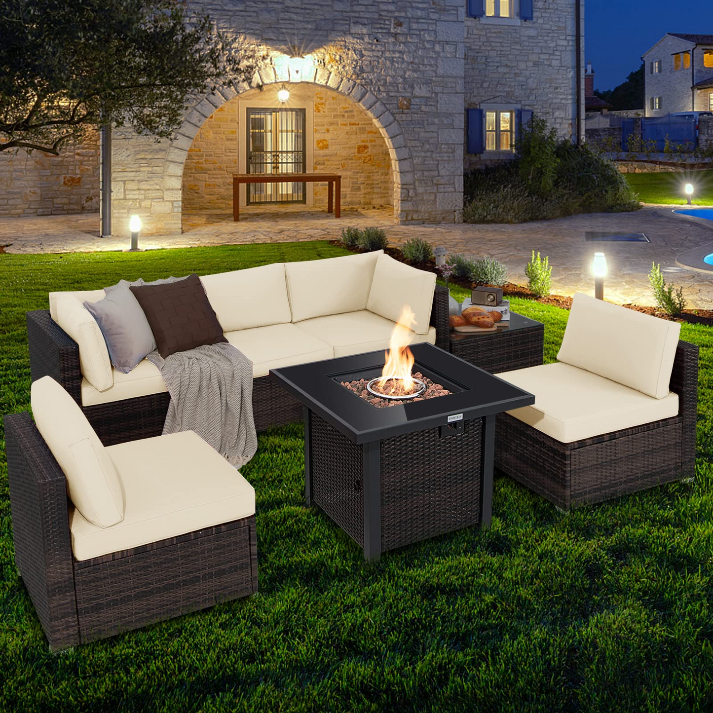 Tangkula 7 Pieces Patio Furniture Set with Fire Pit Table - NP10618CF+HW67937NYA+