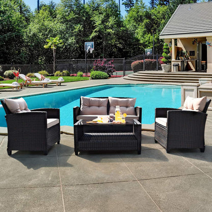 Tangkula 4-Piece Patio Furniture Set, Rattan Wicker Chair Set with 1 Loveseat, 2 Single Sofas - HW63217+
