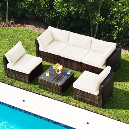 Tangkula 6 Pieces Patio Furniture Set, Outdoor Wicker Conversation Set with Glass Coffee Table - HW67937WH+