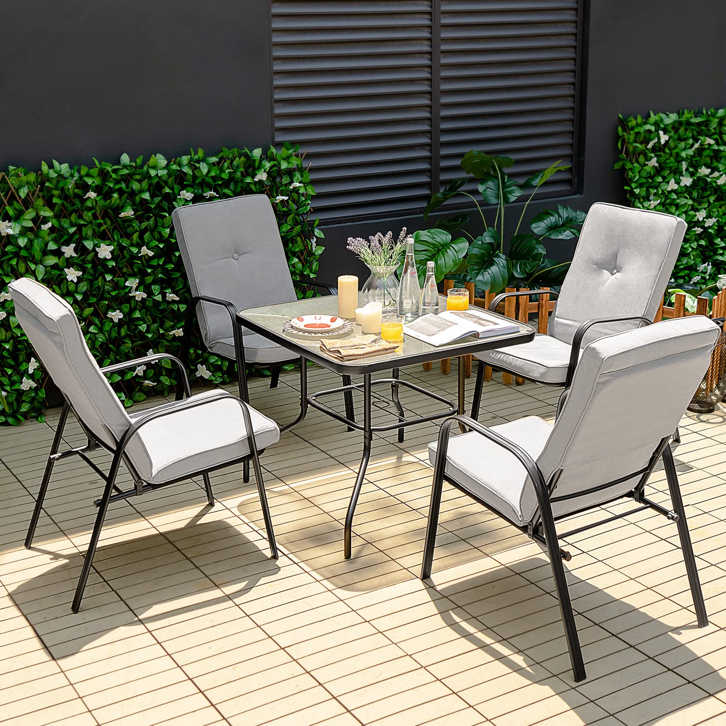 Tangkula 5 Piece Patio Dining Set, Outdoor 35 Inches Square Tempered Glass Table - NP10405-13+NP10405-23