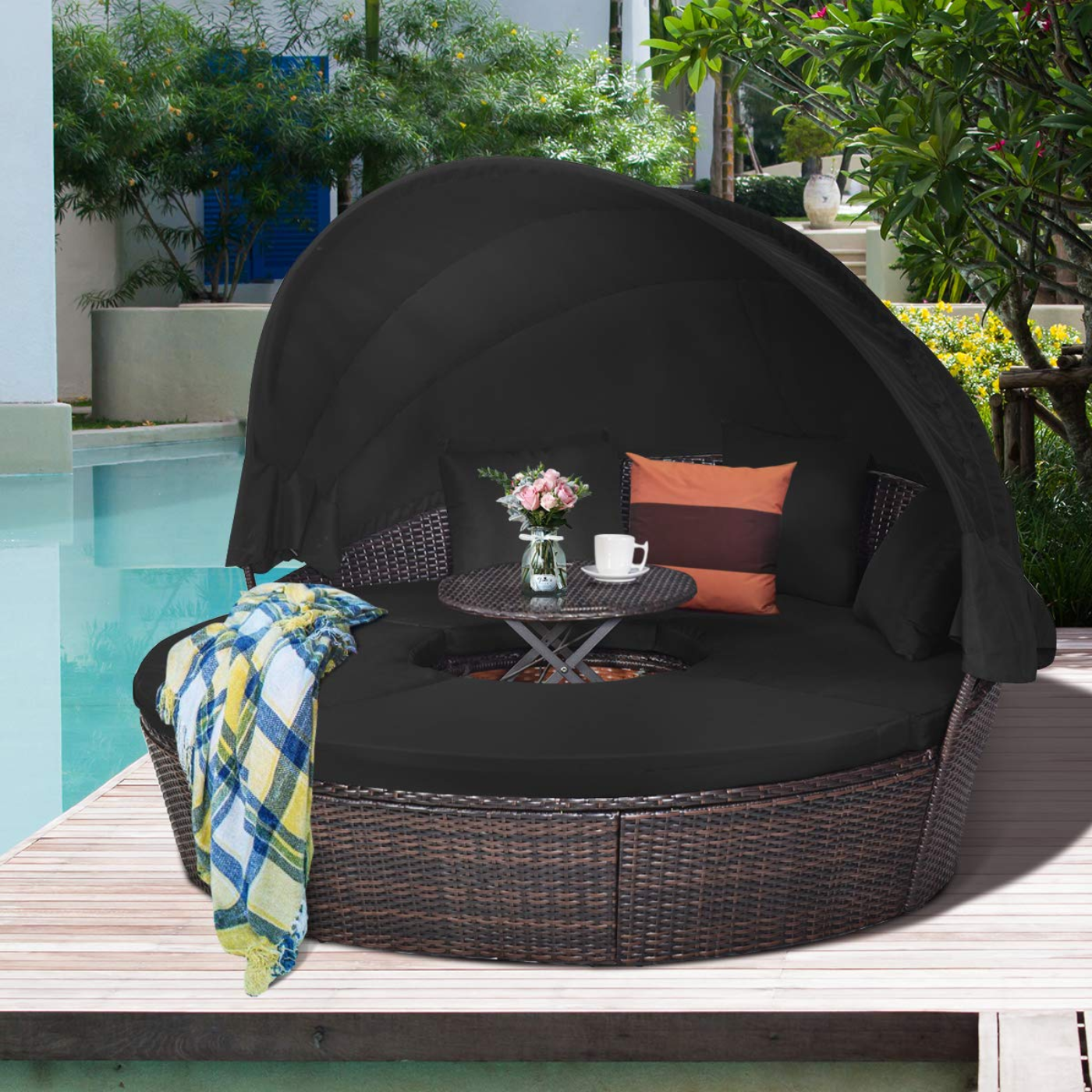 Tangkula Patio Round Daybed with Retractable Canopy, Outdoor Wicker Rattan Furniture Sets - HW63763+
