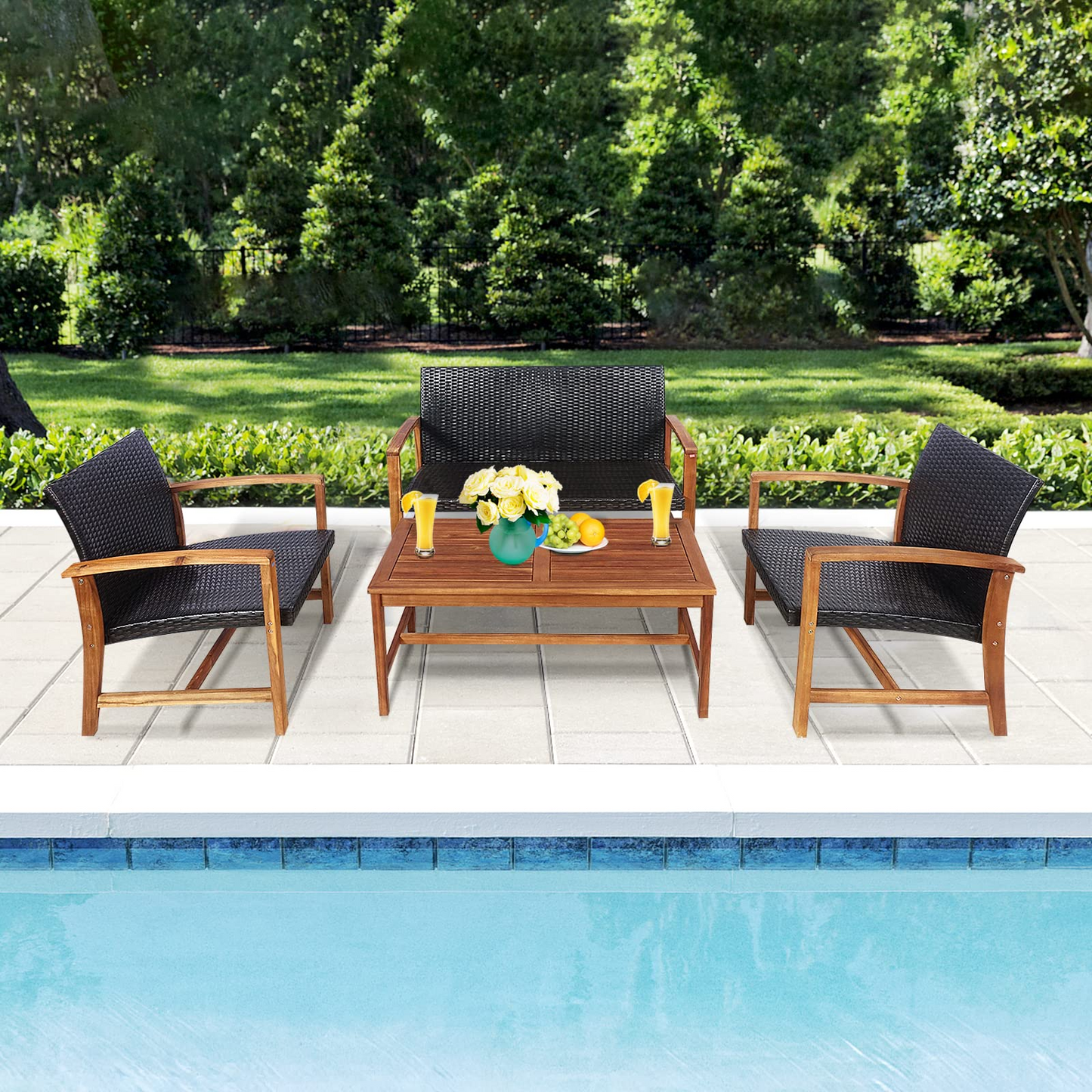 Tangkula 4-Piece PE Rattan Patio Furniture Set, Outdoor Conversation Set - HW69384-12B+HW69384-22B
