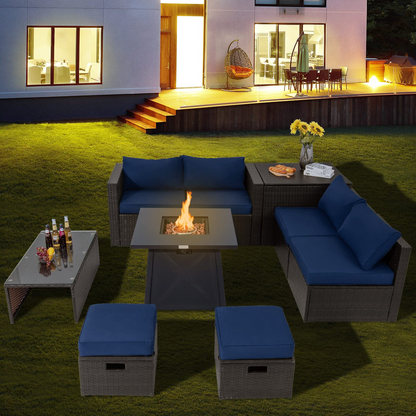 Tangkula 9 Pieces Patio Furniture Set with 30" Propane Fire Pit Table - OP70521+HW68592WH+