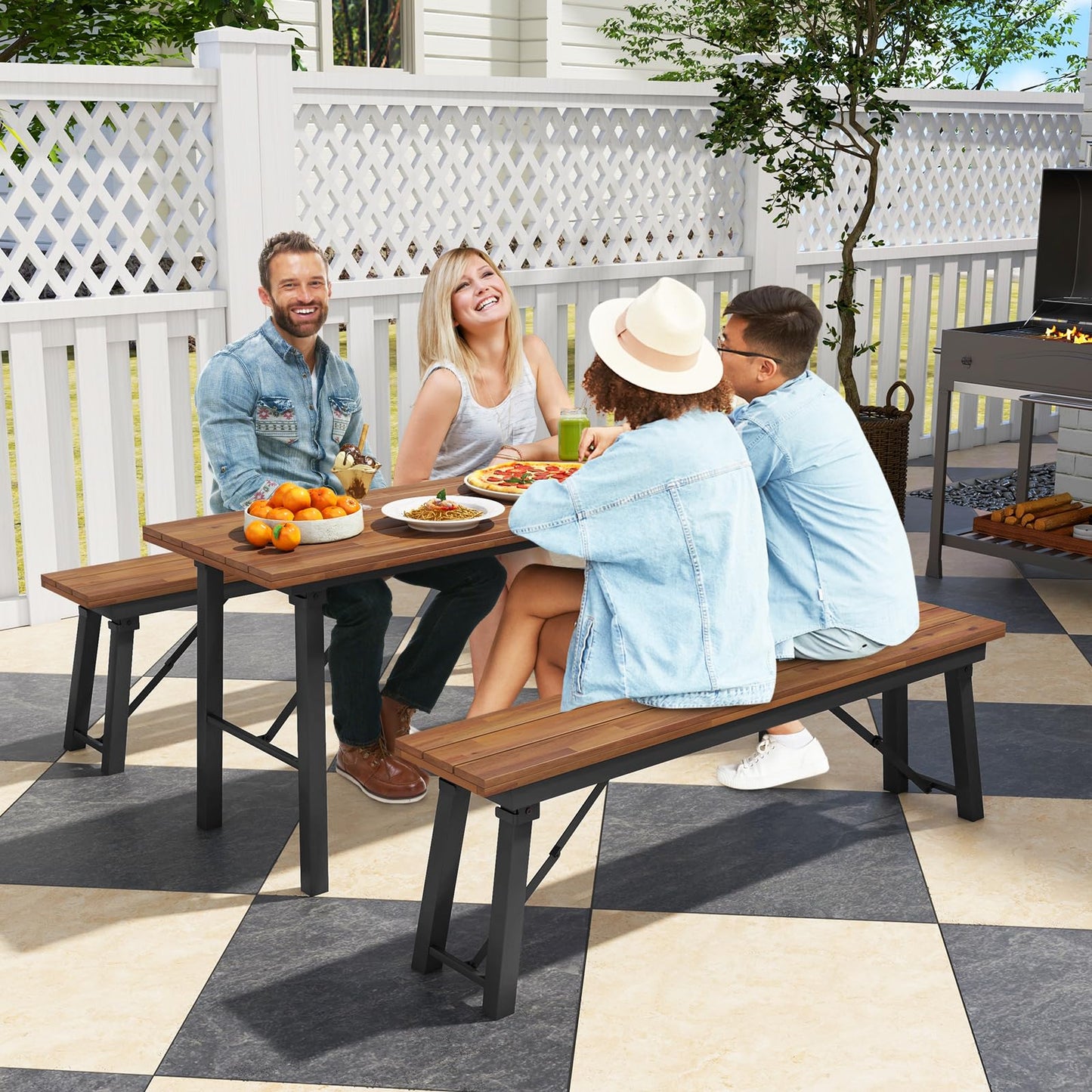Tangkula Outdoor Dining Table With Benches for 4-6 Persons, No Assembly - HV10581+HV10582