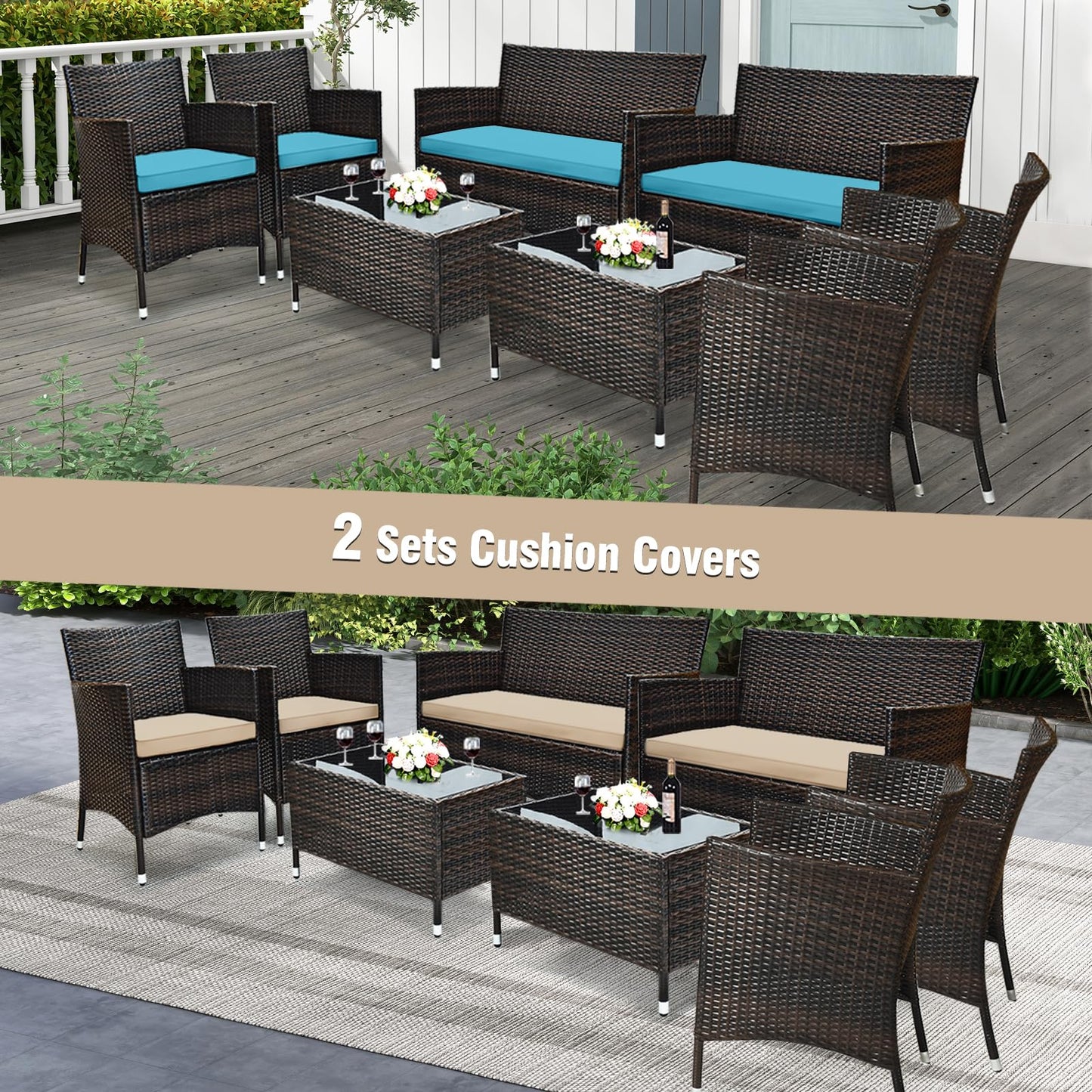 Tangkula 4-Piece Rattan Patio Furniture Set, w/Tempered Glass Coffee Table - HW67772BT