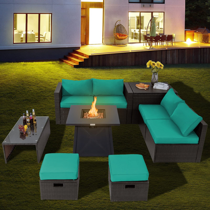 Tangkula 9 Pieces Patio Furniture Set with 30" Propane Fire Pit Table - OP70521+HW68592WH+