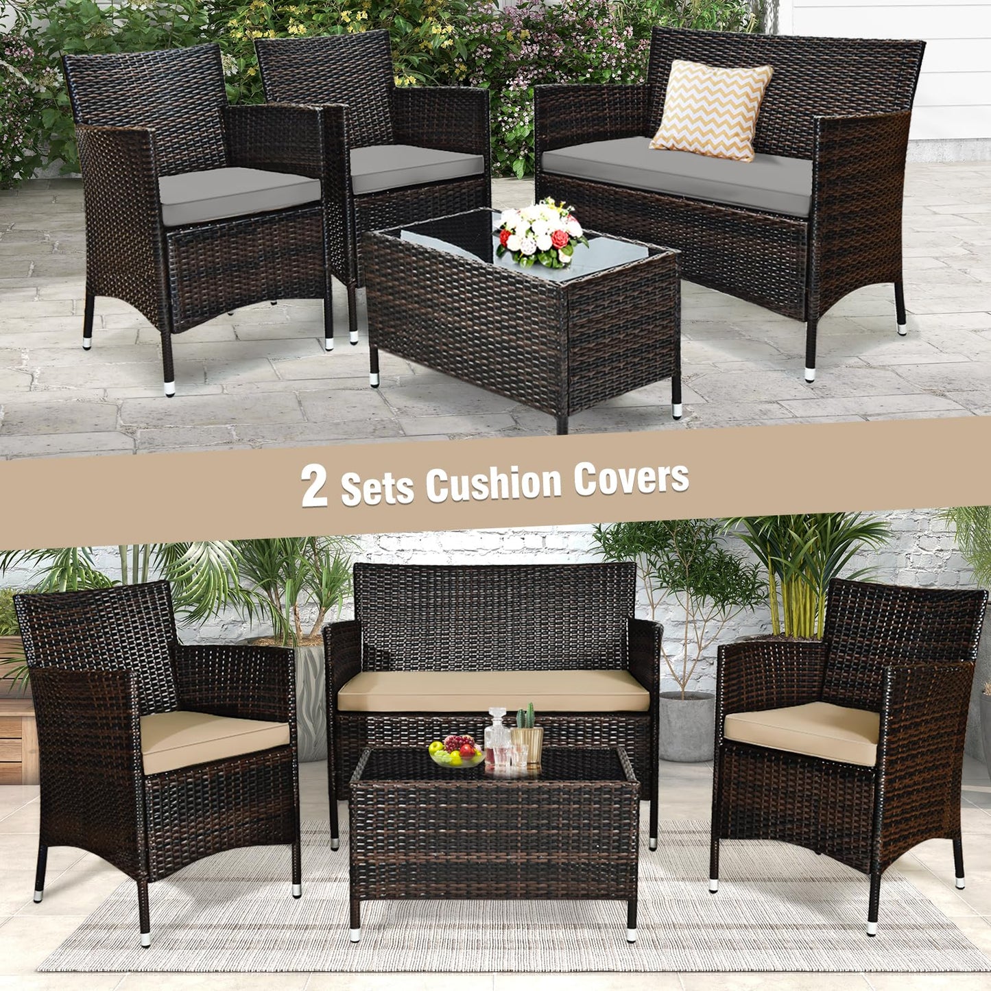 Tangkula 4-Piece Rattan Patio Furniture Set, w/Tempered Glass Coffee Table - HW67772BT