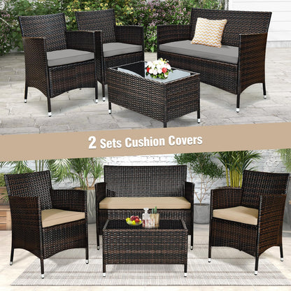 Tangkula 4-Piece Rattan Patio Furniture Set, w/Tempered Glass Coffee Table - HW67772BT