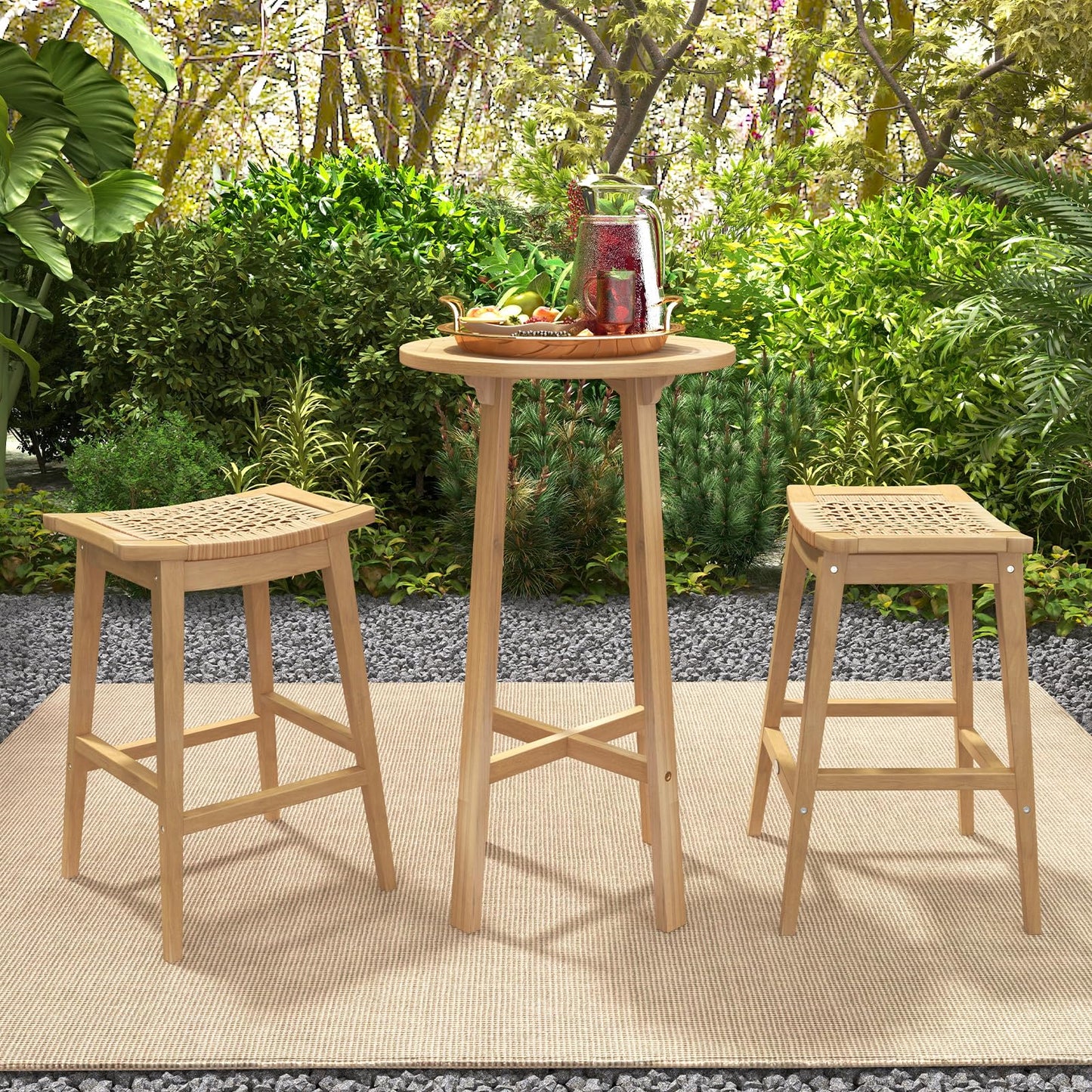 Tangkula Teak Wood Bar Stool, 29” Patio Rattan Barstool with Footrest & Saddle Seat - JV11905