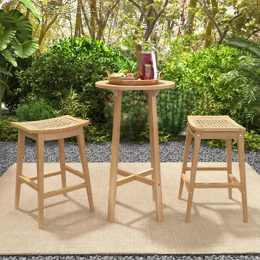 Tangkula Teak Wood Bar Stool, 29” Patio Rattan Barstool with Footrest & Saddle Seat - JV11905