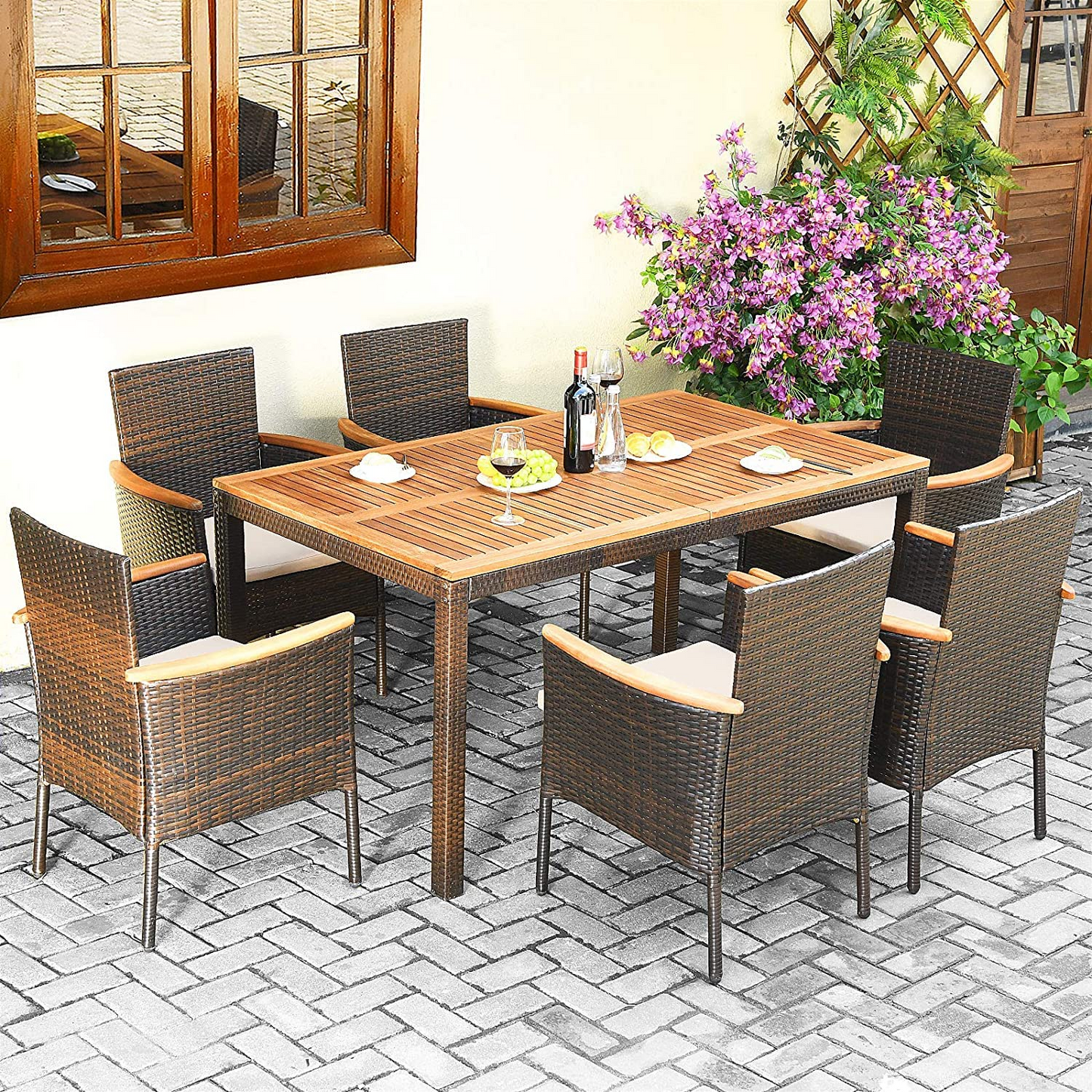 Tangkula 7 Pieces Outdoor Dining Set, Patiojoy Wicker Conversation Set - HW68190A+