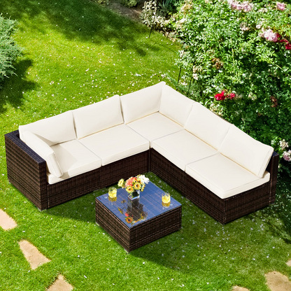 Tangkula 6 Pieces Patio Furniture Set, Outdoor Wicker Conversation Set with Glass Coffee Table - HW67937WH+