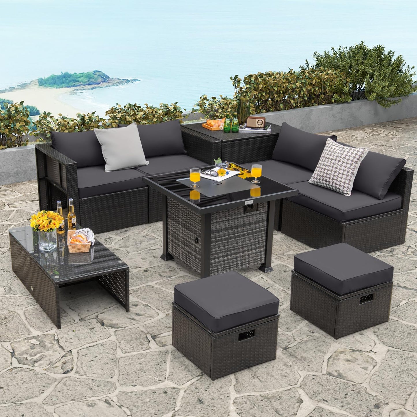 Tangkula 9 Pieces Patio Furniture Set with 50,000 BTU Propane Fire Pit Table - NP10618GR+HW68592DK+