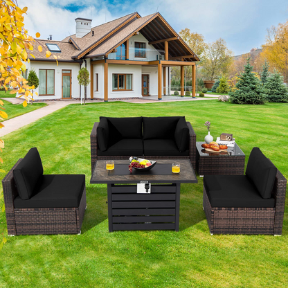 Tangkula 6-Piece Patio Furniture Set with 42 Inches Propane Fire Pit Table - NP10461+HW68691BDK+