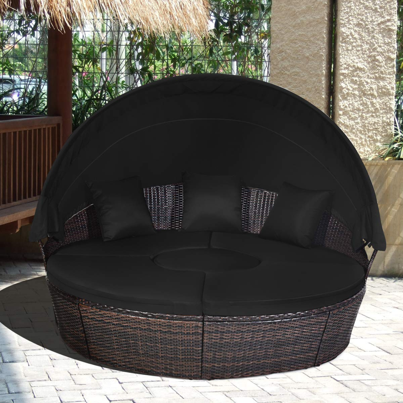Tangkula Patio Round Daybed with Retractable Canopy, Outdoor Wicker Rattan Furniture Sets - HW63763+