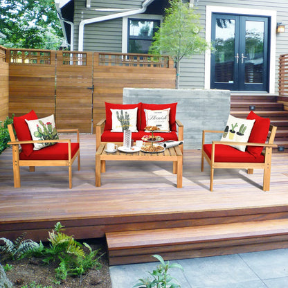 Tangkula Outdoor 4-Piece Acacia Wood Chat Set - HW64146WH-C+HW64146TU+
