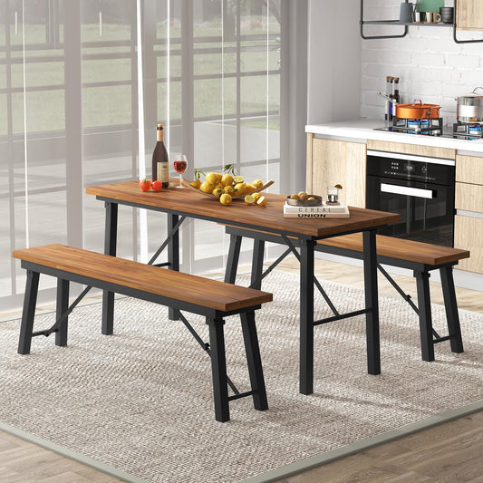 Tangkula Outdoor Dining Table With Benches for 4-6 Persons, No Assembly - HV10581+HV10582