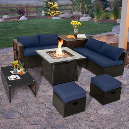 Tangkula 9 Pieces Outdoor Patio Furniture Set with 35-Inch Propane Fire Pit Table - NP10262DK+HW68592DK+