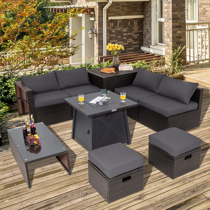 Tangkula 9 Pieces Patio Furniture Set with 30" Propane Fire Pit Table - OP70521+HW68592WH+