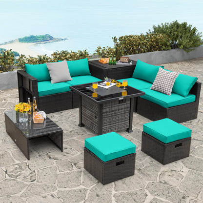 Tangkula 9 Pieces Patio Furniture Set with 50,000 BTU Propane Fire Pit Table - NP10618GR+HW68592DK+