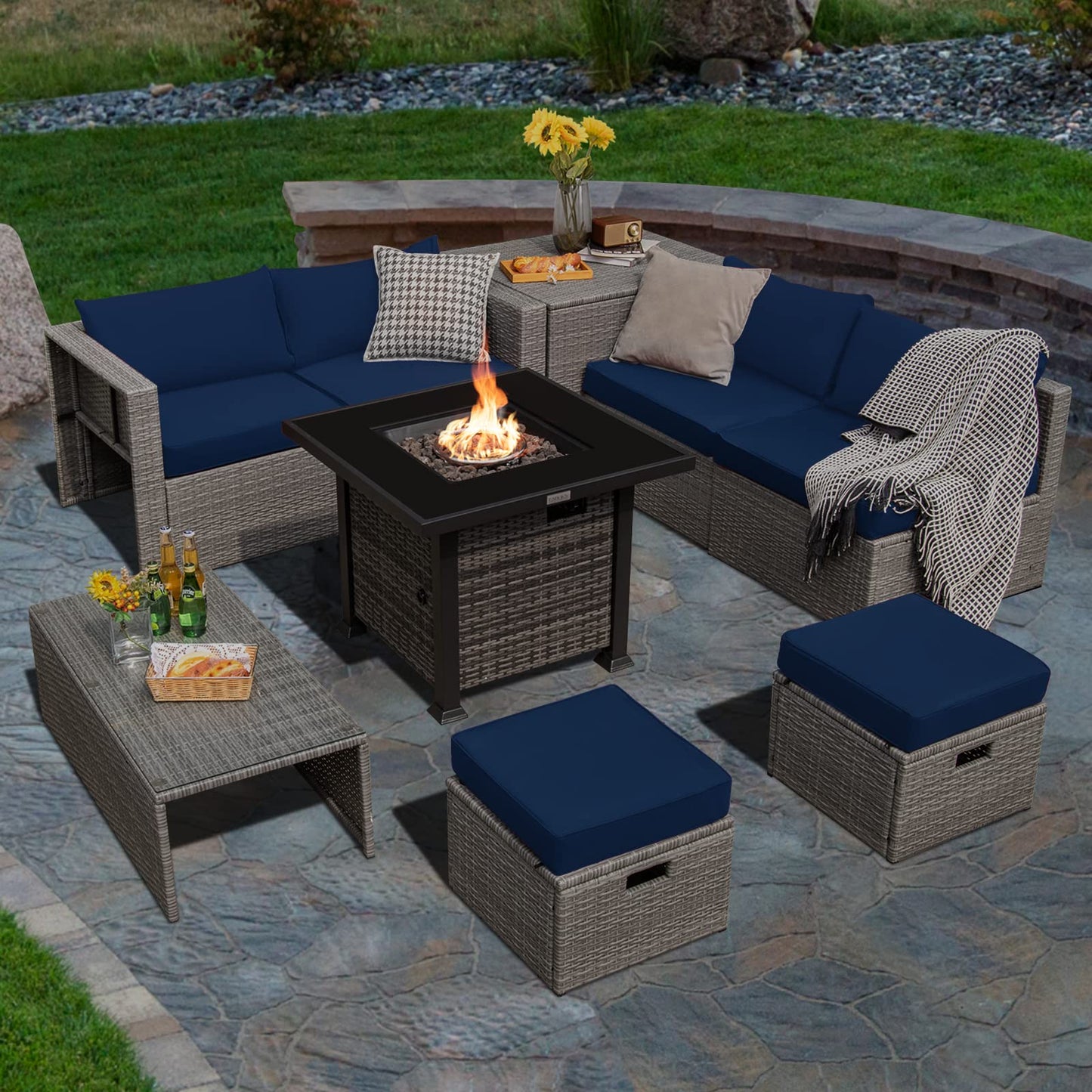 Tangkula 9 Pieces Outdoor Patio Furniture Set with 32-Inch Propane Fire Pit Table - NP10618GR+HW68604DK+