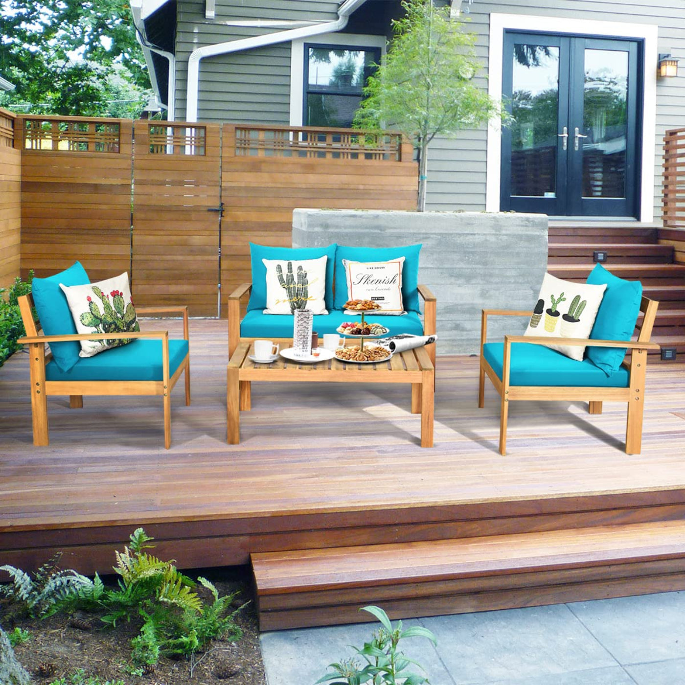 Tangkula Outdoor 4-Piece Acacia Wood Chat Set - HW64146WH-C+HW64146TU+