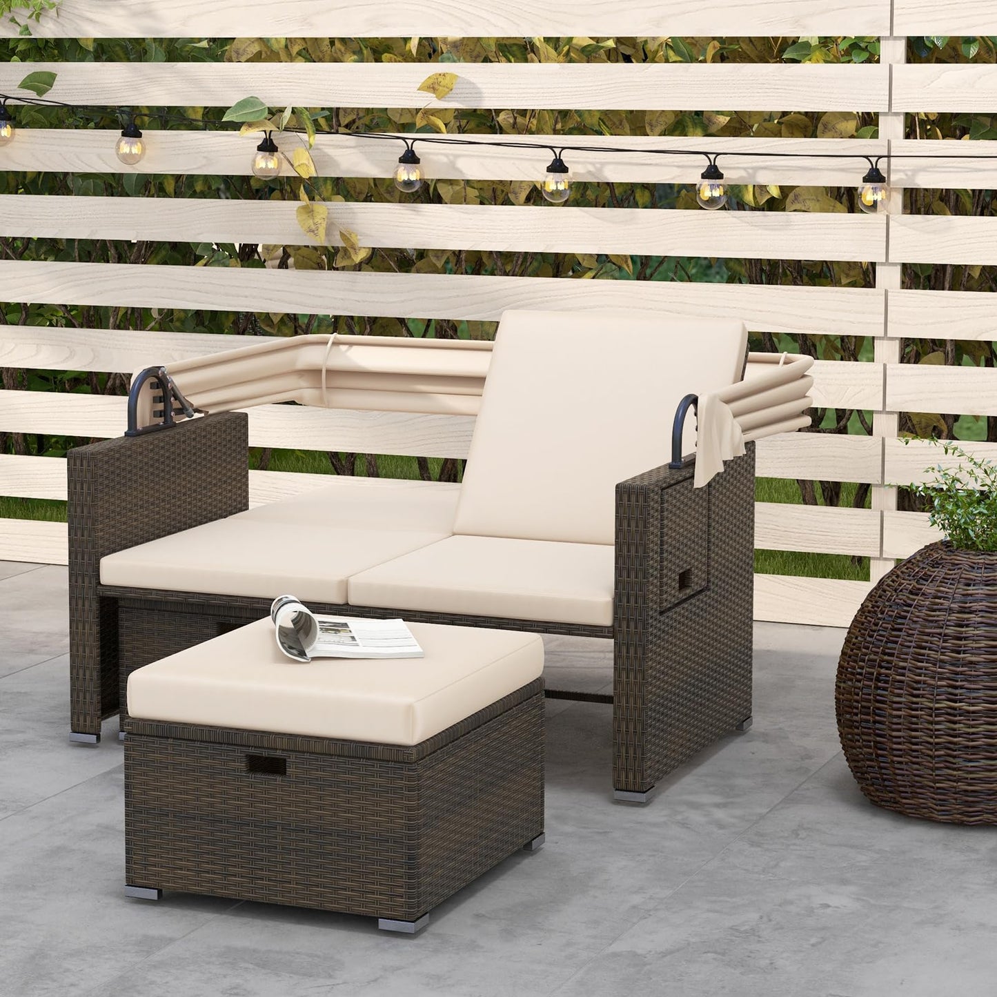 Tangkula Outdoor Patio Rattan Daybed w/Retractable Canopy & Adjustable Backrests - HW72573BN+