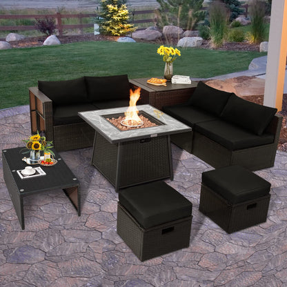 Tangkula 9 Pieces Outdoor Patio Furniture Set with 35-Inch Propane Fire Pit Table - NP10262DK+HW68592DK+