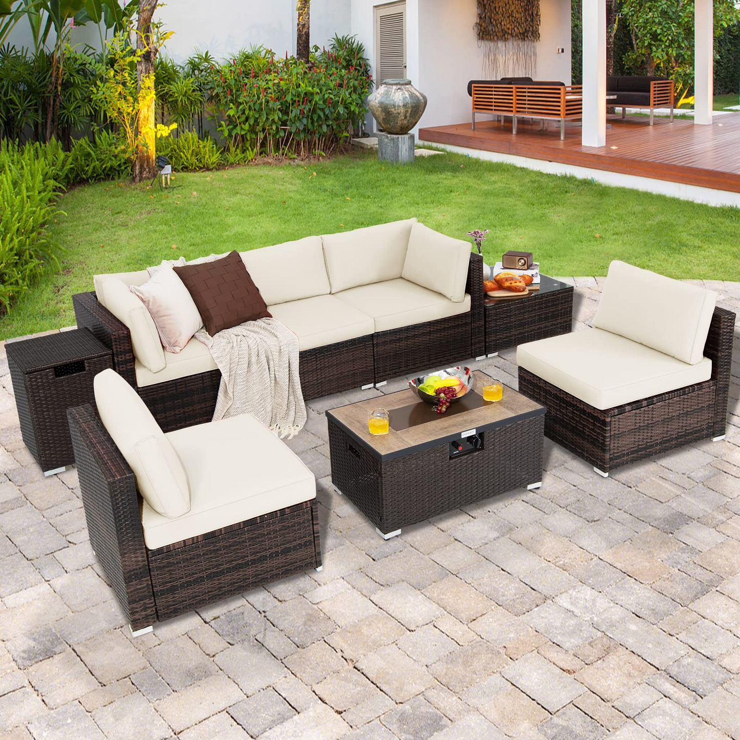 Tangkula 8 Piece Outdoor Wicker Sofa Set, Patio Rattan Conversation Set - NP10261CF+HW67937WHA+