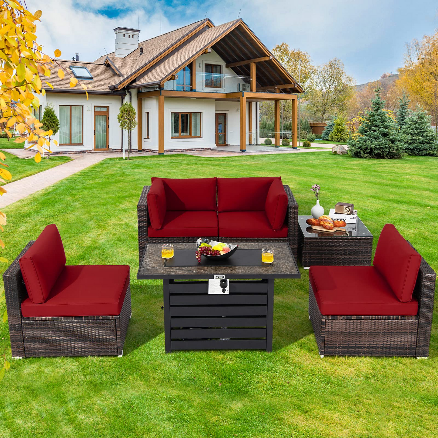 Tangkula 6-Piece Patio Furniture Set with 42 Inches Propane Fire Pit Table - NP10461+HW68691BDK+