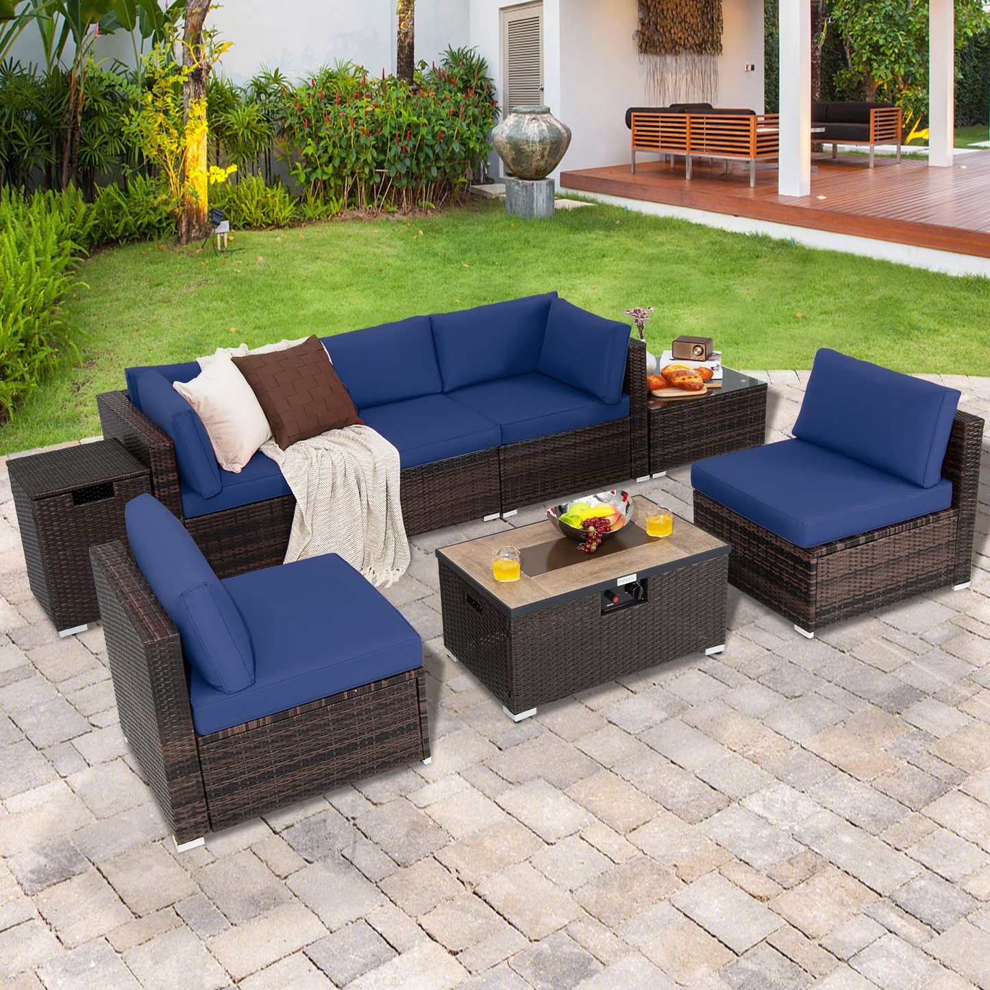 Tangkula 8 Piece Outdoor Wicker Sofa Set, Patio Rattan Conversation Set - NP10261CF+HW67937WHA+