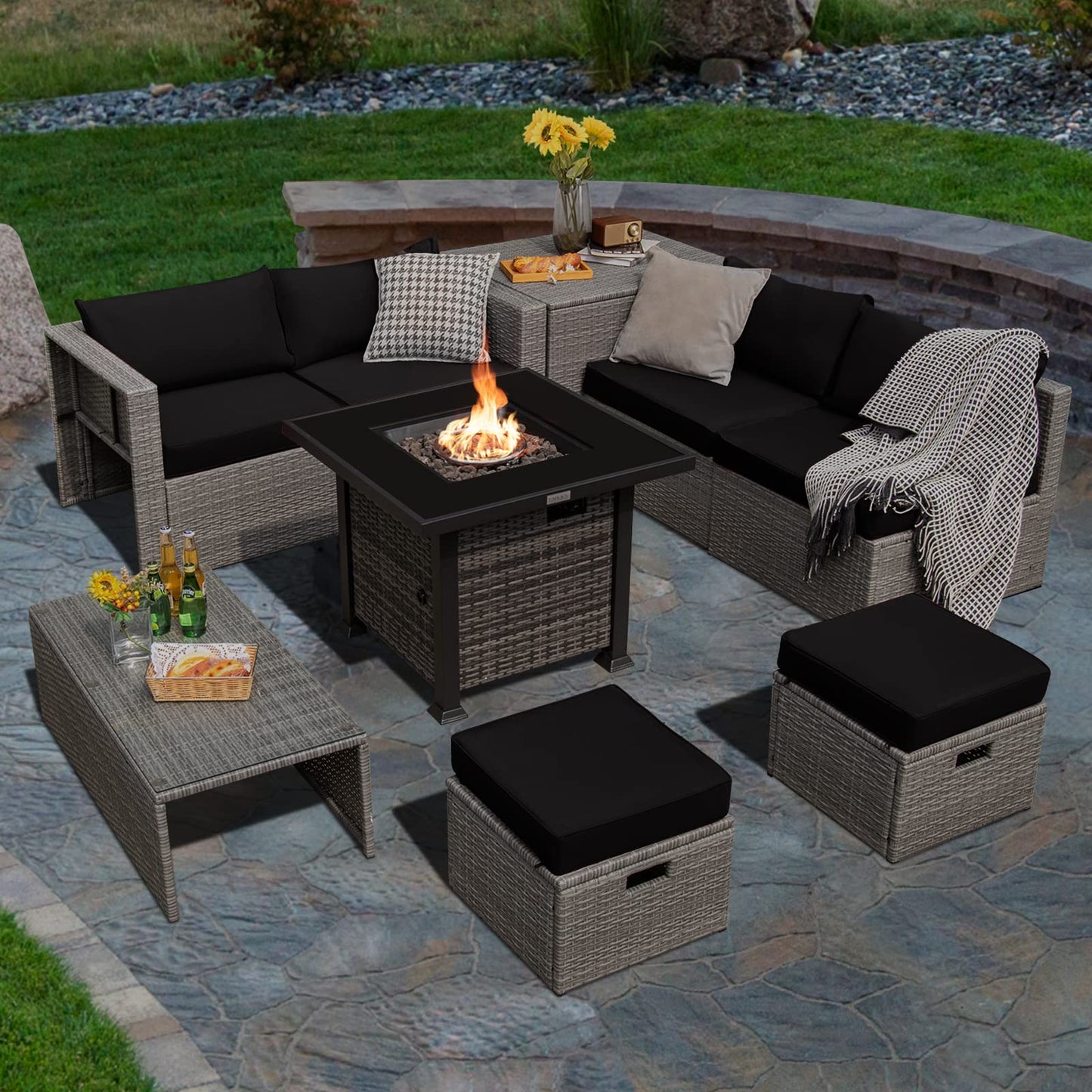 Tangkula 9 Pieces Outdoor Patio Furniture Set with 32-Inch Propane Fire Pit Table - NP10618GR+HW68604DK+
