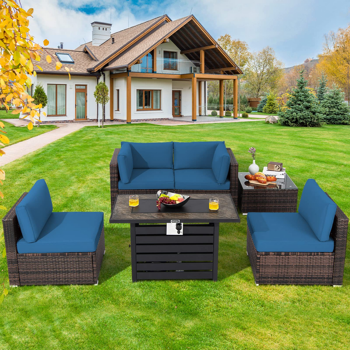 Tangkula 6-Piece Patio Furniture Set with 42 Inches Propane Fire Pit Table - NP10461+HW68691BDK+