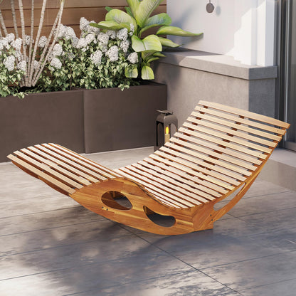 Tangkula Outdoor Double Chaise Lounge Chair, Acacia Wood Rocking Sunbed with Slatted Backrest and Seat - NP12023