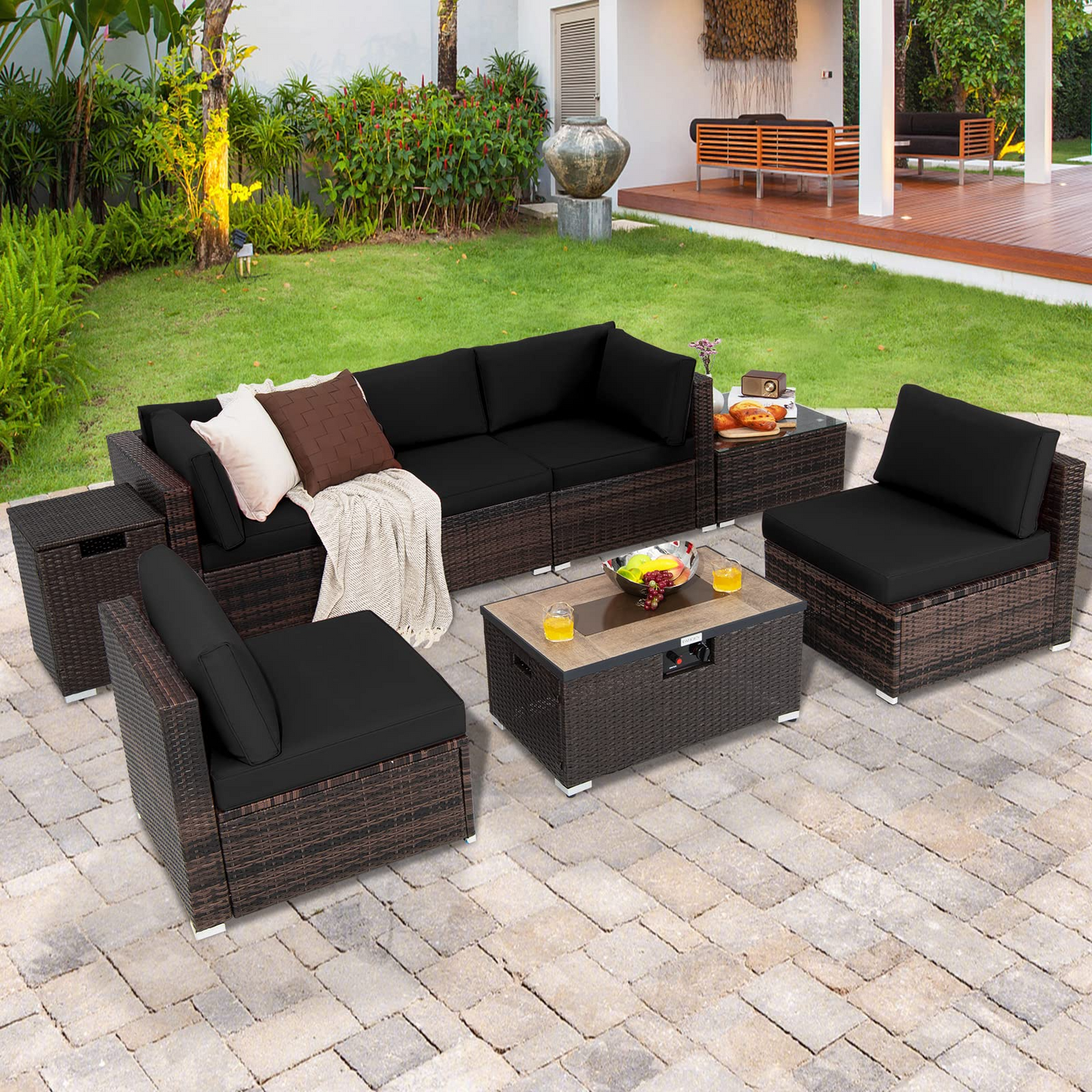 Tangkula 8 Piece Outdoor Wicker Sofa Set, Patio Rattan Conversation Set - NP10261CF+HW67937WHA+
