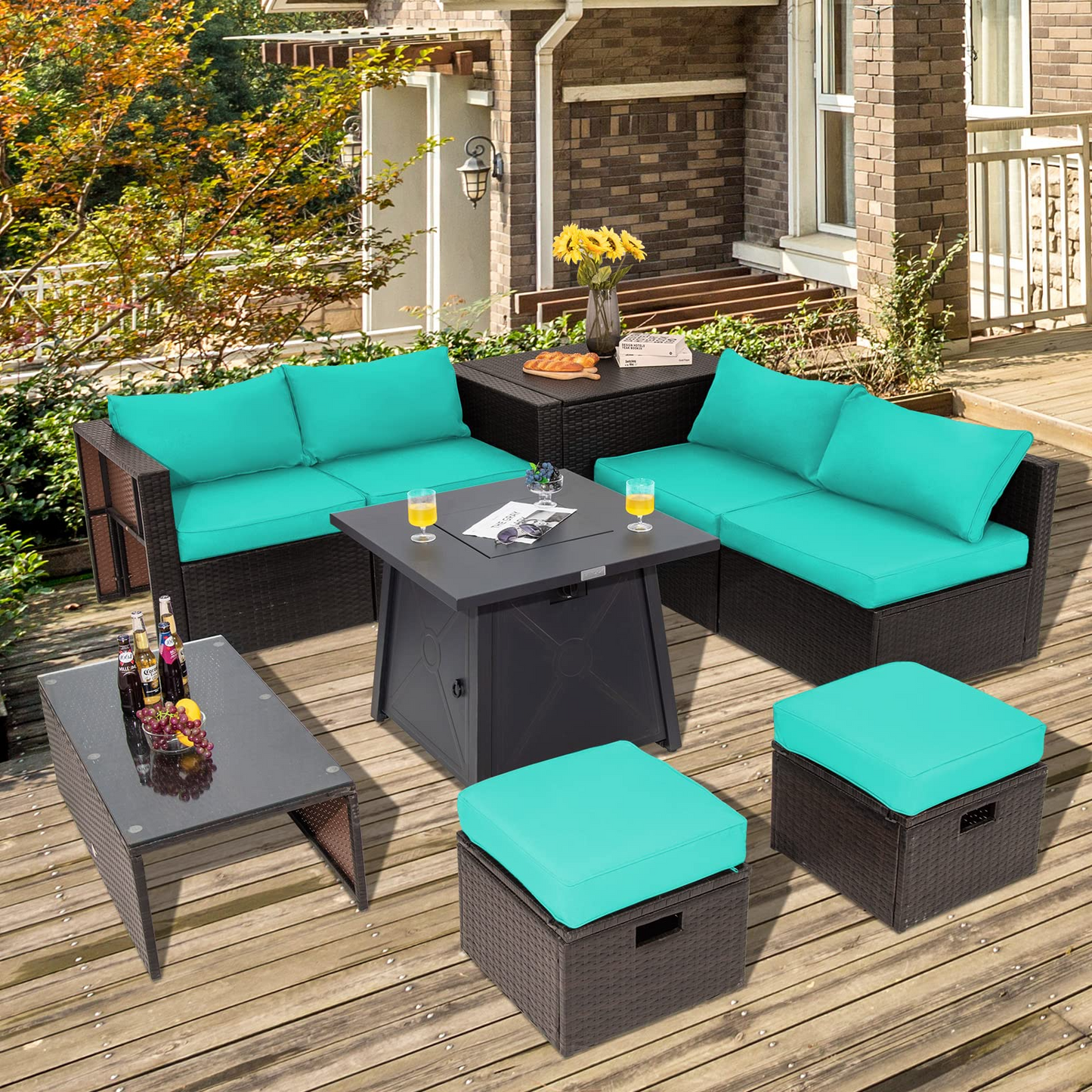Tangkula 9 Pieces Patio Furniture Set with 30" Propane Fire Pit Table - OP70521+HW68592WH+