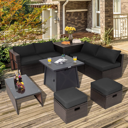 Tangkula 9 Pieces Patio Furniture Set with 30" Propane Fire Pit Table - OP70521+HW68592WH+