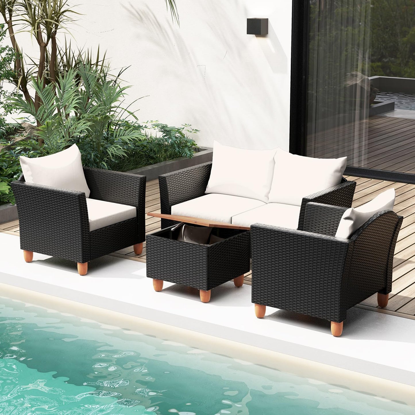 Tangkula Outdoor Conversation Set, Patio Cushioned Chairs w/Storage Coffee Table - HW72334WH+